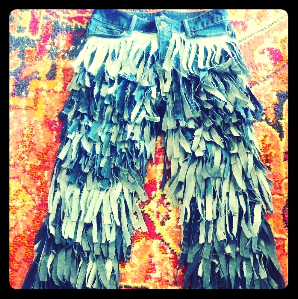 Upcycled shaggy denim jeans